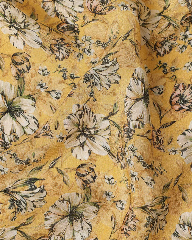 Mustard Yellow Ditsy Floral Printed Silk Crepe Fabric, 110 Cms Width, Made in India-D27270