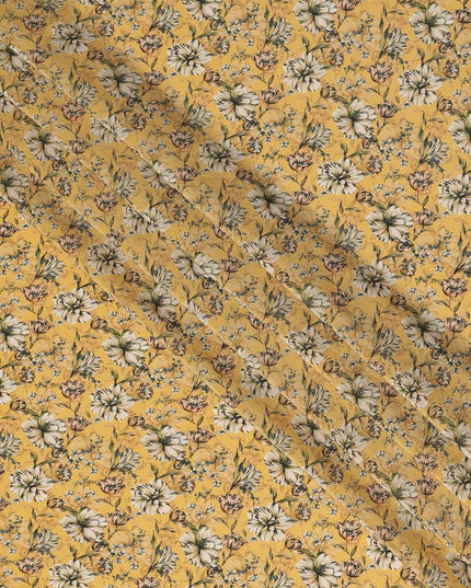 Mustard Yellow Ditsy Floral Printed Silk Crepe Fabric, 110 Cms Width, Made in India-D27270 - Regal Fabrics