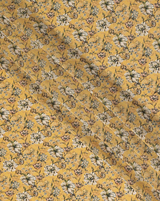 Mustard Yellow Ditsy Floral Printed Silk Crepe Fabric, 110 Cms Width, Made in India-D27270