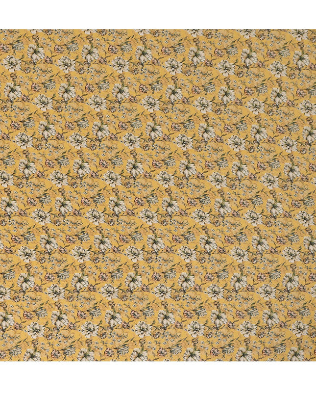 Mustard Yellow Ditsy Floral Printed Silk Crepe Fabric, 110 Cms Width, Made in India-D27270