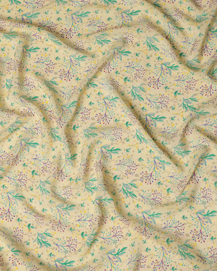 Cream Beige Floral Printed Premium Pure Silk Crepe Fabric 110 Cms From India-D27244 - Regal Fabrics