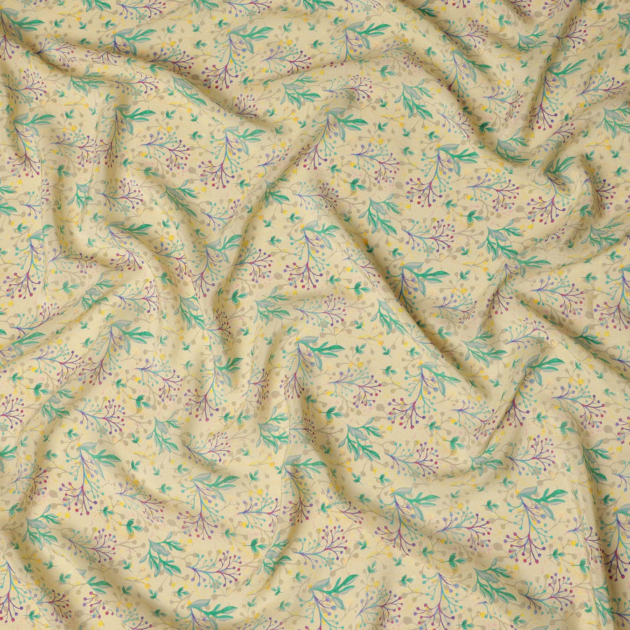 Cream Beige Floral Printed Premium Pure Silk Crepe Fabric 110 Cms From India-D27244 - Regal Fabrics