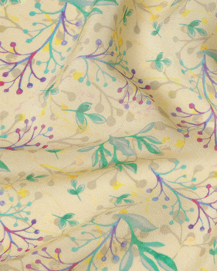 Cream Beige Floral Printed Premium Pure Silk Crepe Fabric 110 Cms From India-D27244 - Regal Fabrics