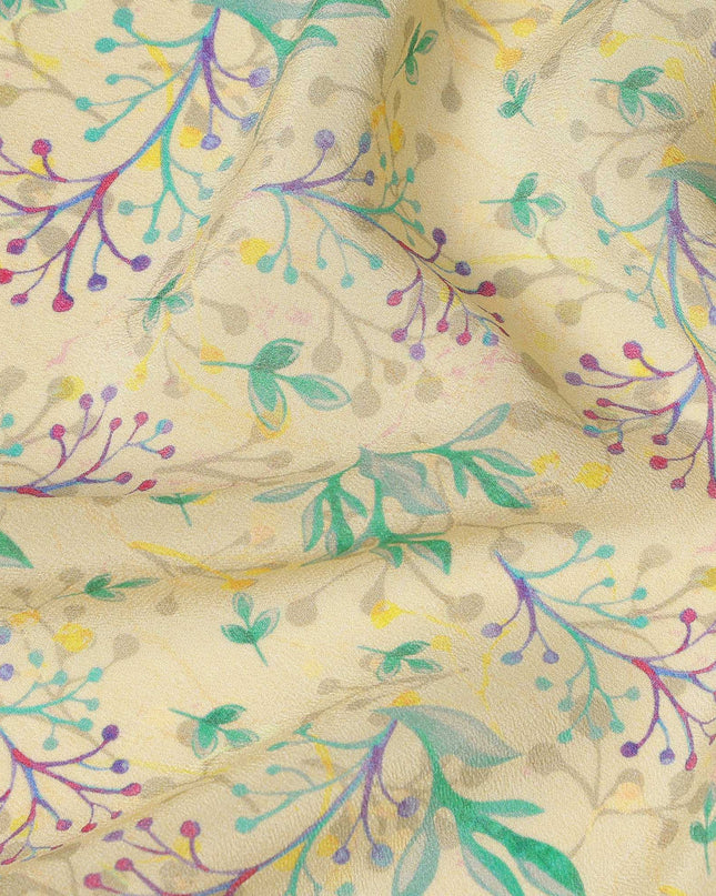 Cream Beige Floral Printed Premium Pure Silk Crepe Fabric 110 Cms From India-D27244