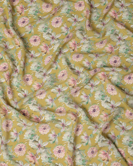 Olive Mustard Floral Printed Premium Pure Silk Crepe Fabric 110 Cms From India-D27246 - Regal Fabrics