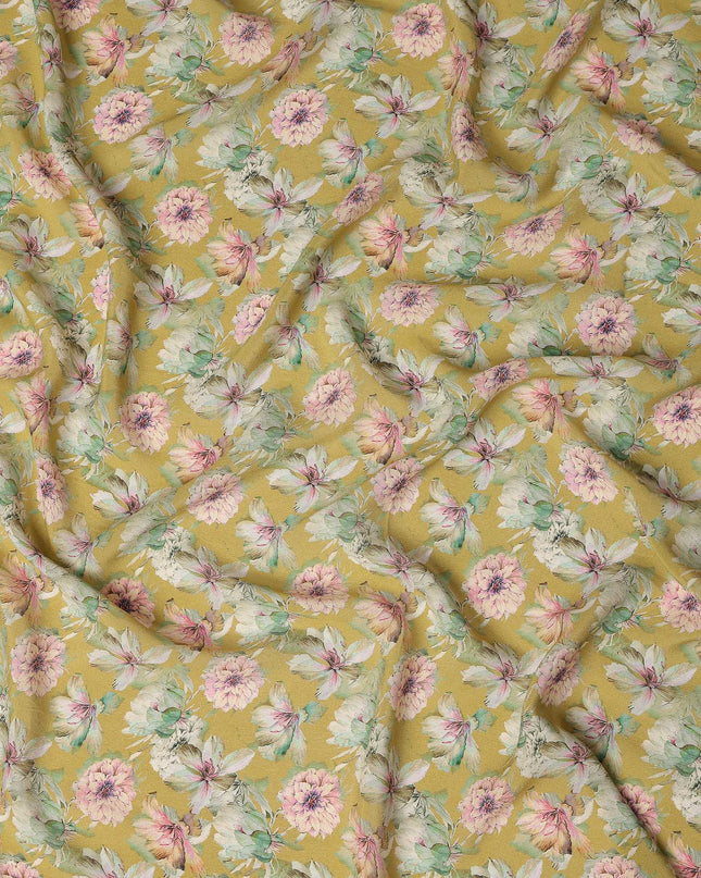 Mustard Yellow Floral Printed Silk Crepe Fabric, 110 Cms Width, Made in India-D27269