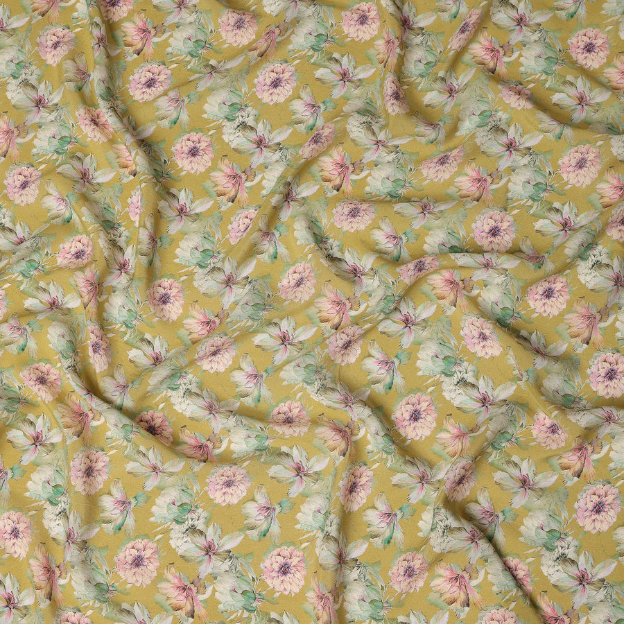 Mustard Yellow Floral Printed Silk Crepe Fabric, 110 Cms Width, Made in India-D27269 - Regal Fabrics