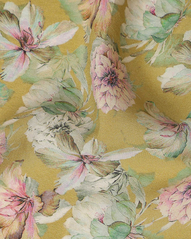 Olive Mustard Floral Printed Premium Pure Silk Crepe Fabric 110 Cms From India-D27246