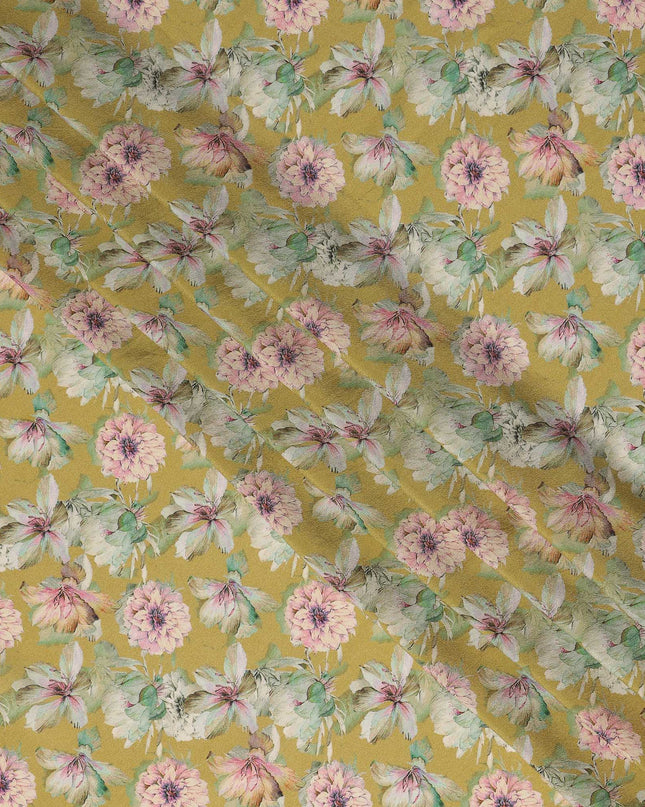 Mustard Yellow Floral Printed Silk Crepe Fabric, 110 Cms Width, Made in India-D27269