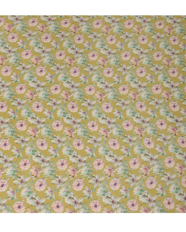 Mustard Yellow Floral Printed Silk Crepe Fabric, 110 Cms Width, Made in India-D27269