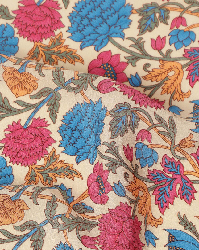 Beige Floral Printed Silk Crepe Fabric Soft Lightweight Breathable Material for Dressmaking Sewing Apparel Craft Use 110 Cms Width India Origin-D27291