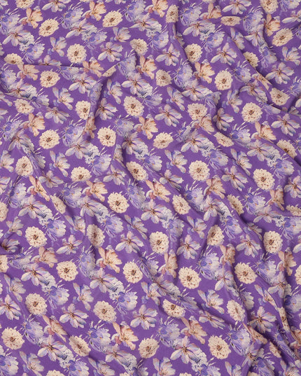 Purple Floral Printed Silk Crepe Fabric Soft Lightweight Breathable Material for Dressmaking Sewing Apparel Craft Use 110 Cms Width India Origin-D27288 - Regal Fabrics