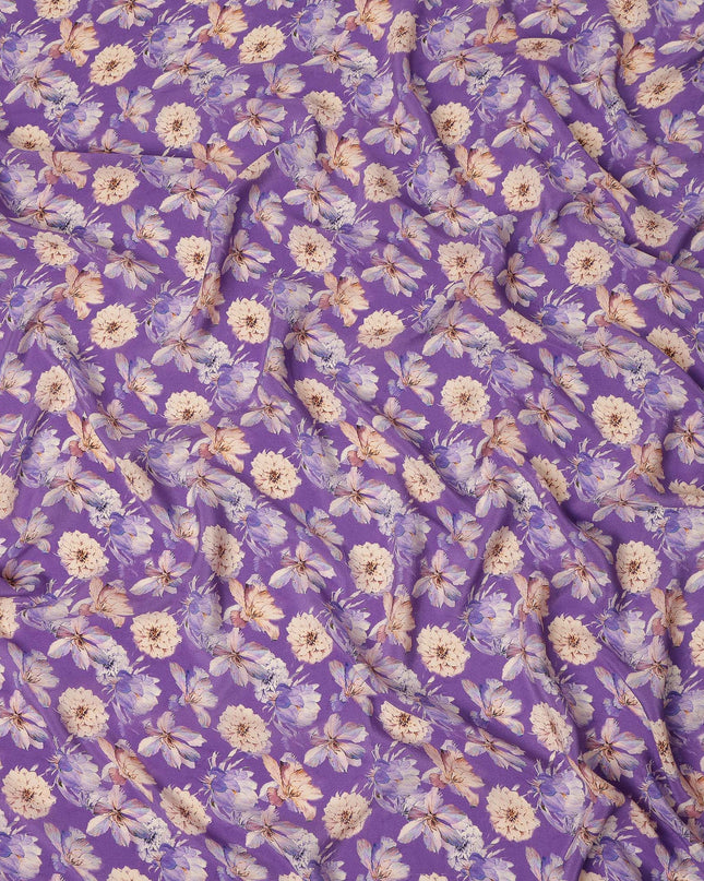 Purple Floral Printed Silk Crepe Fabric Soft Lightweight Breathable Material for Dressmaking Sewing Apparel Craft Use 110 Cms Width India Origin-D27288