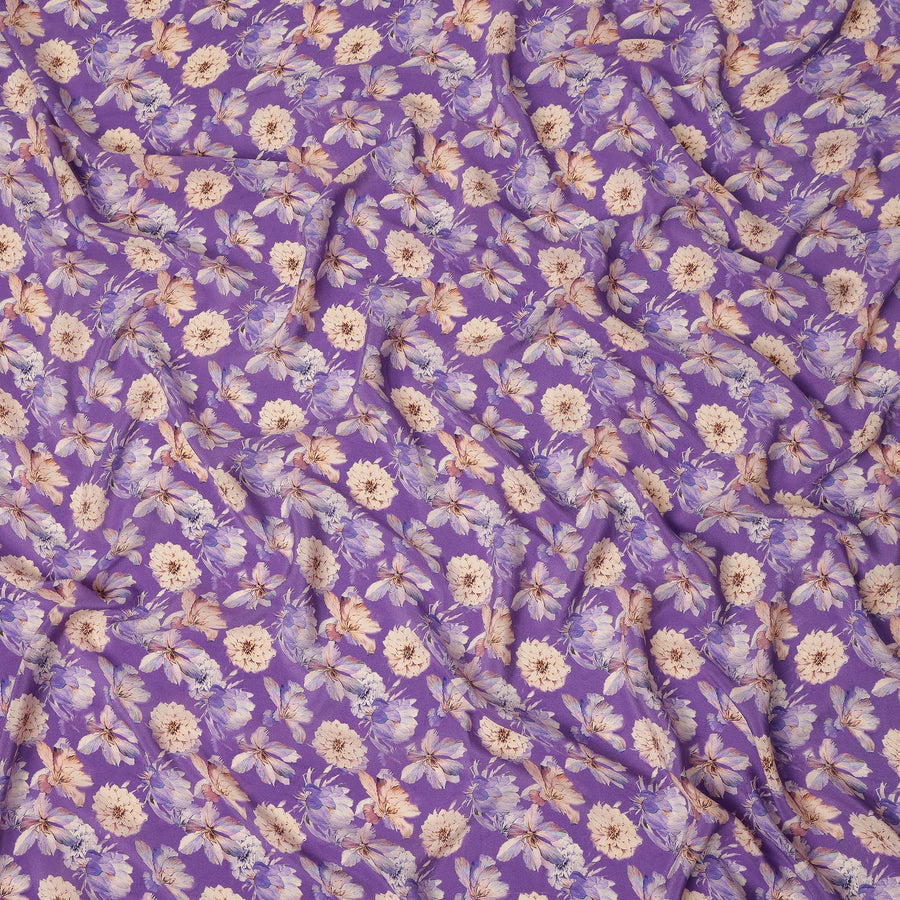 Purple Floral Printed Silk Crepe Fabric Soft Lightweight Breathable Material for Dressmaking Sewing Apparel Craft Use 110 Cms Width India Origin-D27288 - Regal Fabrics