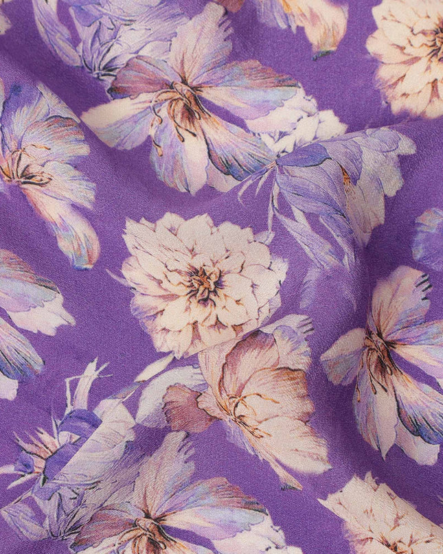 Purple Floral Printed Silk Crepe Fabric Soft Lightweight Breathable Material for Dressmaking Sewing Apparel Craft Use 110 Cms Width India Origin-D27288