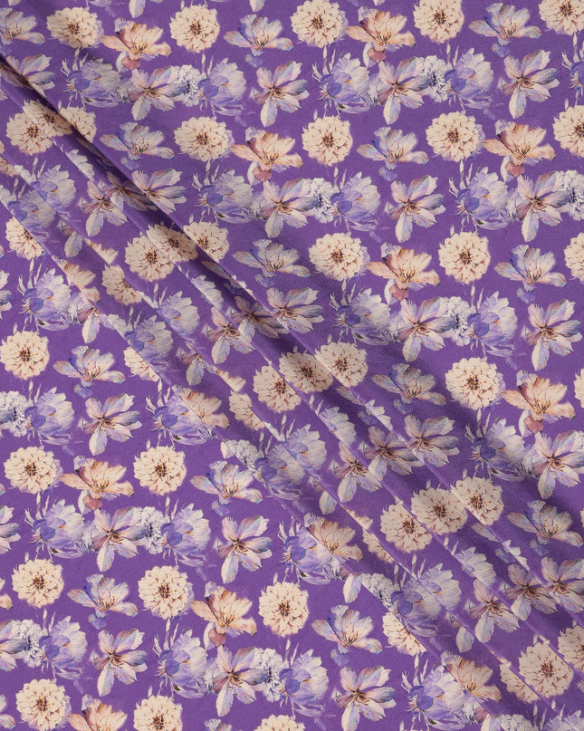 Purple Floral Printed Silk Crepe Fabric Soft Lightweight Breathable Material for Dressmaking Sewing Apparel Craft Use 110 Cms Width India Origin-D27288
