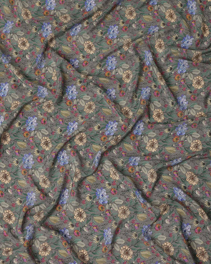 Olive Green Floral Printed Silk Crepe Fabric Soft Flowing Lightweight Luxurious Material for Dressmaking Sewing Apparel Craft Use 110 Cms Width India Origin-D27305 - Regal Fabrics