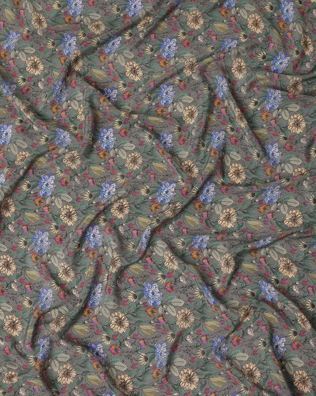 Olive Green Floral Printed Silk Crepe Fabric Soft Flowing Lightweight Luxurious Material for Dressmaking Sewing Apparel Craft Use 110 Cms Width India Origin-D27305
