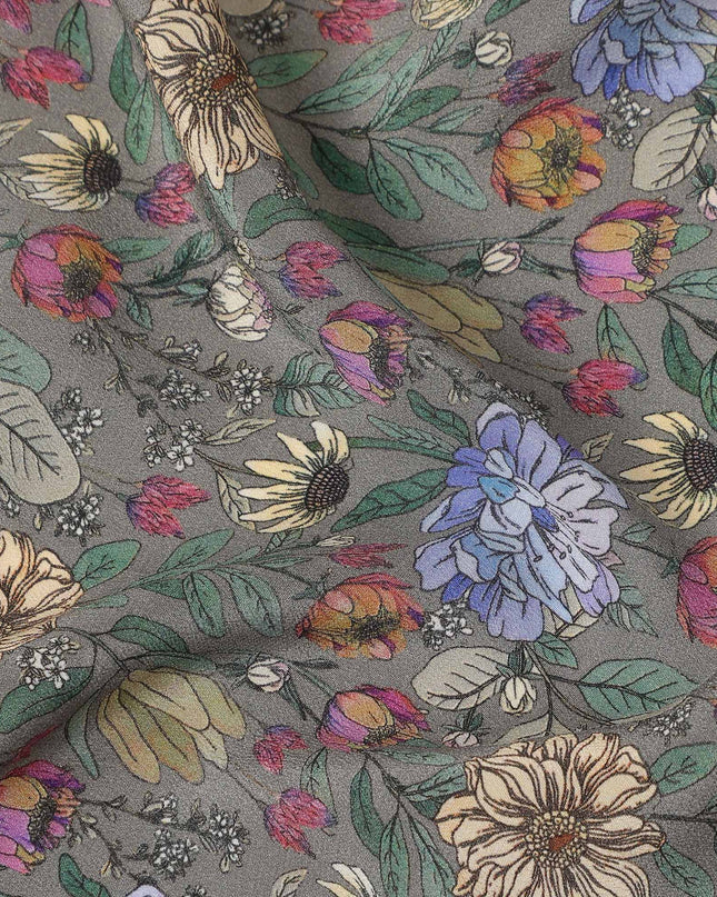 Olive Green Floral Printed Silk Crepe Fabric Soft Flowing Lightweight Luxurious Material for Dressmaking Sewing Apparel Craft Use 110 Cms Width India Origin-D27305