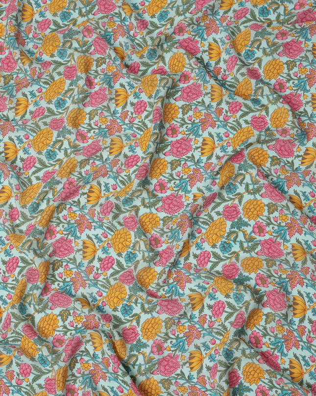 Mint Green Floral Printed Silk Crepe Fabric Soft Lightweight Breathable Material for Dressmaking Sewing Apparel Craft Use 110 Cms Width India Origin-D27294