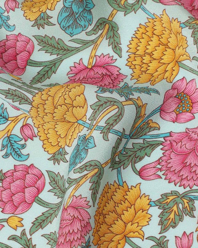 Mint Green Floral Printed Silk Crepe Fabric Soft Lightweight Breathable Material for Dressmaking Sewing Apparel Craft Use 110 Cms Width India Origin-D27294