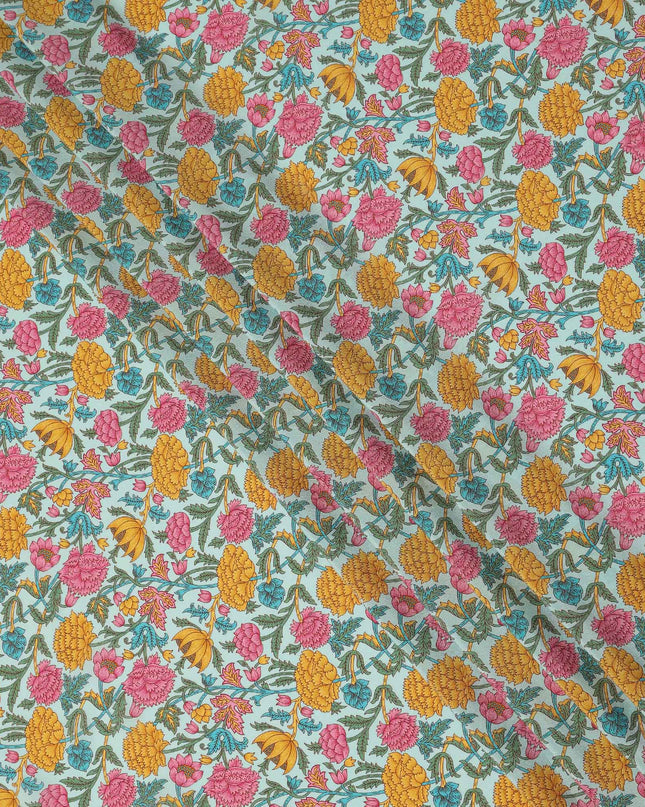 Mint Green Floral Printed Silk Crepe Fabric Soft Lightweight Breathable Material for Dressmaking Sewing Apparel Craft Use 110 Cms Width India Origin-D27294