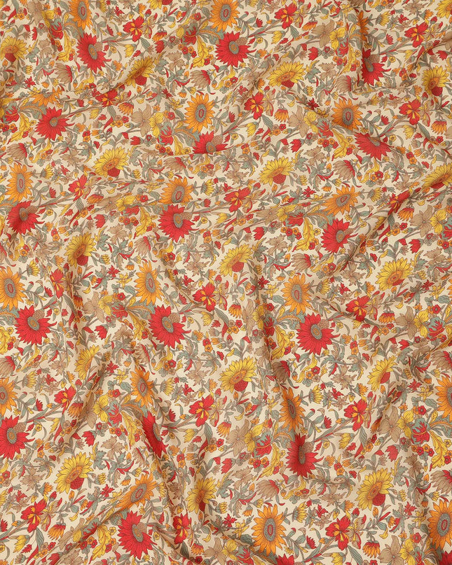 Cream Floral Printed Silk Crepe Fabric Soft Flowing Lightweight Luxurious Material for Dressmaking Sewing Apparel Craft Use 110 Cms Width India Origin-D27299