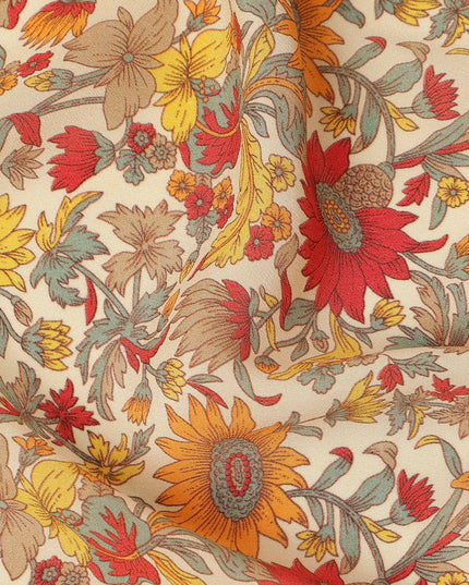 Cream Floral Printed Silk Crepe Fabric Soft Flowing Lightweight Luxurious Material for Dressmaking Sewing Apparel Craft Use 110 Cms Width India Origin-D27299 Regal Fabrics