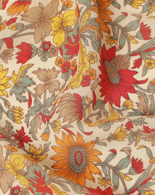 Cream Floral Printed Silk Crepe Fabric Soft Flowing Lightweight Luxurious Material for Dressmaking Sewing Apparel Craft Use 110 Cms Width India Origin-D27299