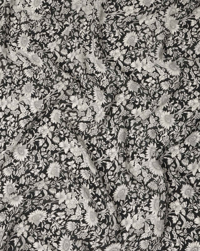 Black Floral Printed Silk Crepe Fabric Soft Flowing Lightweight Luxurious Material for Dressmaking Sewing Apparel Craft Use 110 Cms Width India Origin-D27303