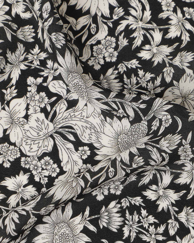 Black Floral Printed Silk Crepe Fabric Soft Flowing Lightweight Luxurious Material for Dressmaking Sewing Apparel Craft Use 110 Cms Width India Origin-D27303