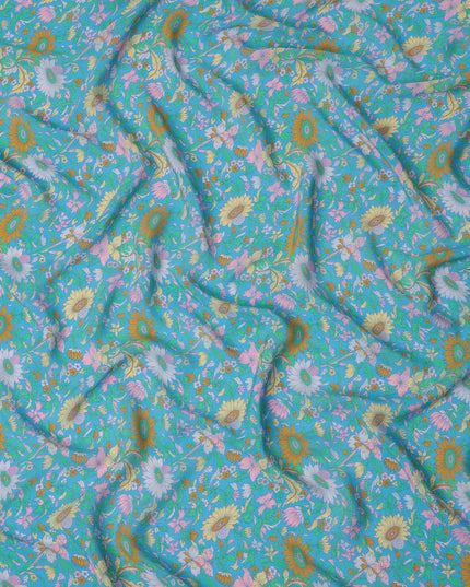 Teal Floral Printed Silk Crepe Fabric Soft Lightweight Breathable Material for Dressmaking Sewing Apparel Craft Use 110 Cms Width India Origin-D27289 Regal Fabrics