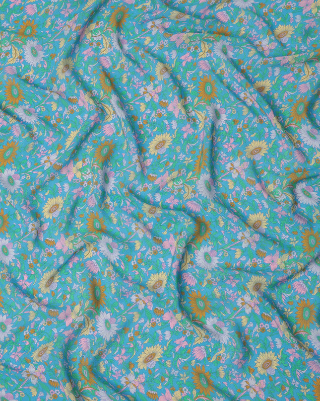 Teal Floral Printed Silk Crepe Fabric Soft Lightweight Breathable Material for Dressmaking Sewing Apparel Craft Use 110 Cms Width India Origin-D27289