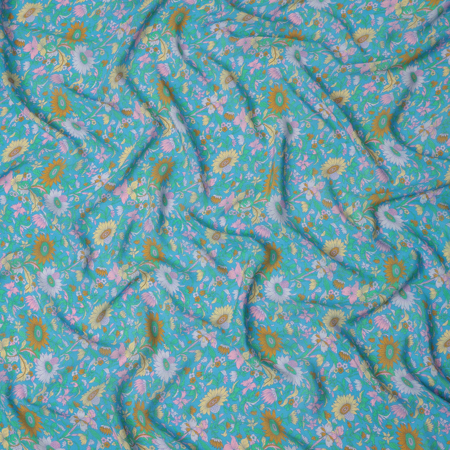 Teal Floral Printed Silk Crepe Fabric Soft Lightweight Breathable Material for Dressmaking Sewing Apparel Craft Use 110 Cms Width India Origin-D27289 Regal Fabrics