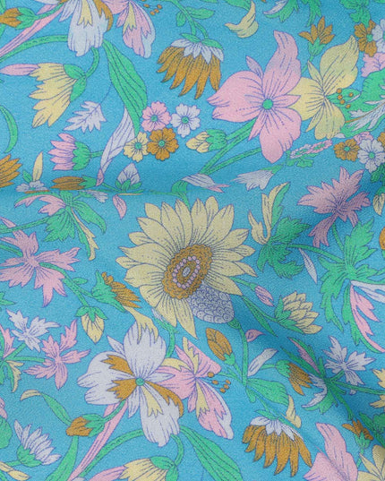 Teal Floral Printed Silk Crepe Fabric Soft Lightweight Breathable Material for Dressmaking Sewing Apparel Craft Use 110 Cms Width India Origin-D27289 Regal Fabrics