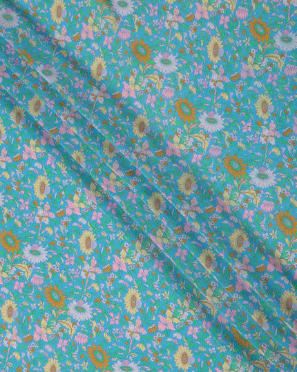 Teal Floral Printed Silk Crepe Fabric Soft Lightweight Breathable Material for Dressmaking Sewing Apparel Craft Use 110 Cms Width India Origin-D27289 Regal Fabrics