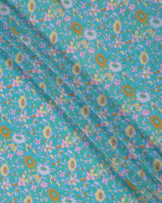 Teal Floral Printed Silk Crepe Fabric Soft Lightweight Breathable Material for Dressmaking Sewing Apparel Craft Use 110 Cms Width India Origin-D27289