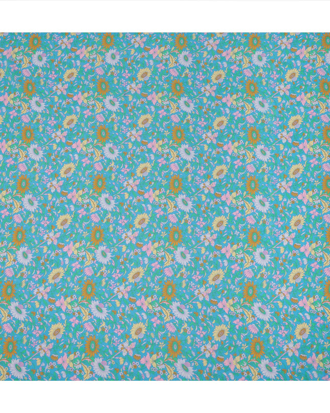Teal Floral Printed Silk Crepe Fabric Soft Lightweight Breathable Material for Dressmaking Sewing Apparel Craft Use 110 Cms Width India Origin-D27289