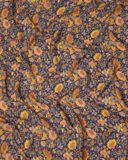 Navy Blue Floral Printed Silk Crepe Fabric Soft Flowing Lightweight Luxurious Material for Dressmaking Sewing Apparel Craft Use 110 Cms Width India Origin-D27302 Regal Fabrics