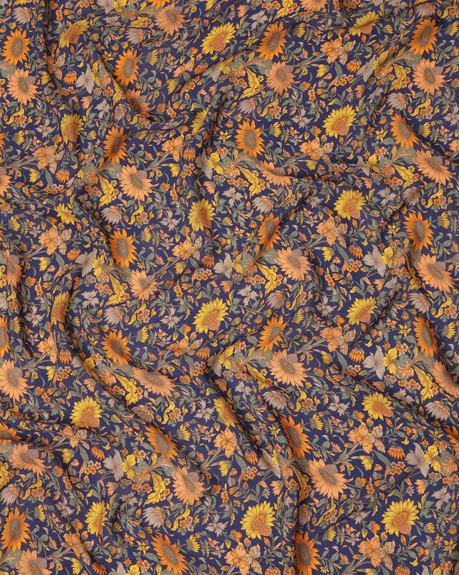 Navy Blue Floral Printed Silk Crepe Fabric Soft Flowing Lightweight Luxurious Material for Dressmaking Sewing Apparel Craft Use 110 Cms Width India Origin-D27302