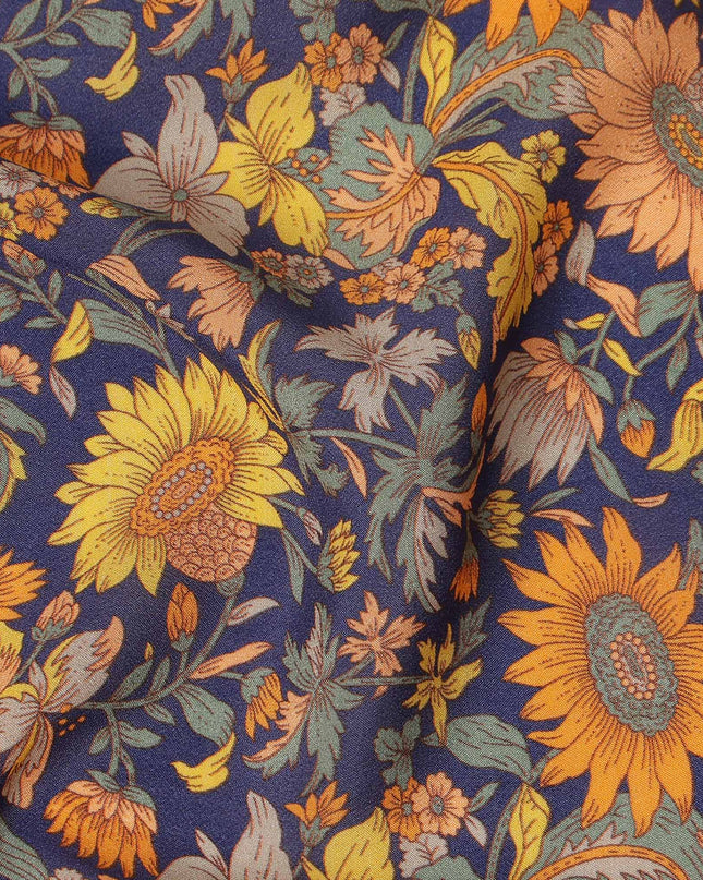 Navy Blue Floral Printed Silk Crepe Fabric Soft Flowing Lightweight Luxurious Material for Dressmaking Sewing Apparel Craft Use 110 Cms Width India Origin-D27302