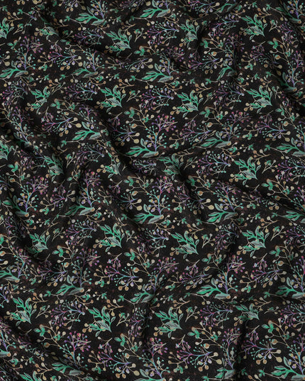 Black Botanical Floral Printed Premium Pure Silk Crepe Fabric 110 Cms From India-D27247 - Regal Fabrics