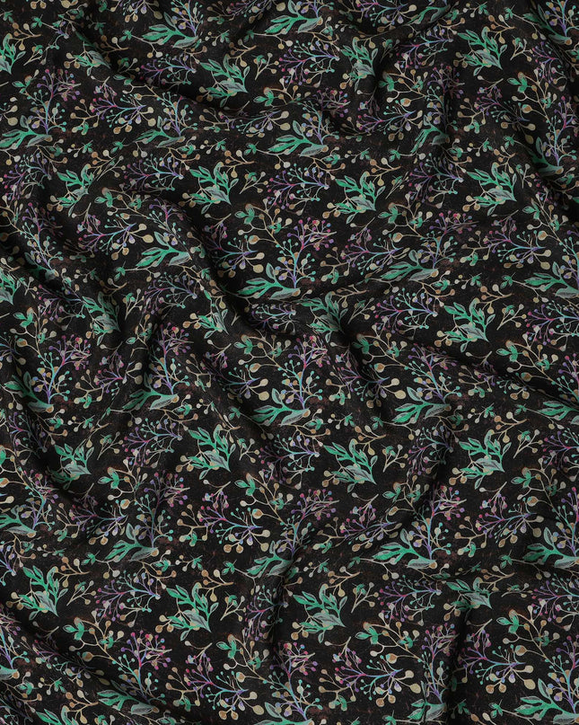 Black Botanical Floral Printed Premium Pure Silk Crepe Fabric 110 Cms From India-D27247