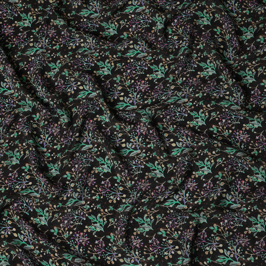 Black Botanical Floral Printed Premium Pure Silk Crepe Fabric 110 Cms From India-D27247 - Regal Fabrics