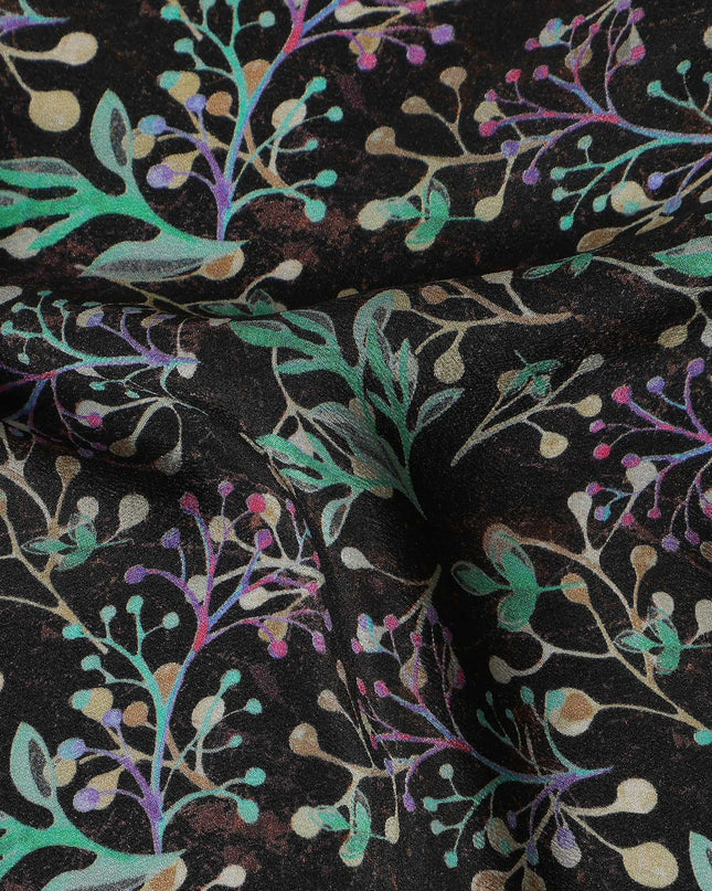 Black Botanical Floral Printed Premium Pure Silk Crepe Fabric 110 Cms From India-D27247