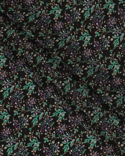 Black Botanical Floral Printed Premium Pure Silk Crepe Fabric 110 Cms From India-D27247 - Regal Fabrics