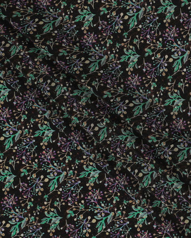 Black Botanical Floral Printed Premium Pure Silk Crepe Fabric 110 Cms From India-D27247
