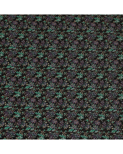 Black Botanical Floral Printed Premium Pure Silk Crepe Fabric 110 Cms From India-D27247 - Regal Fabrics