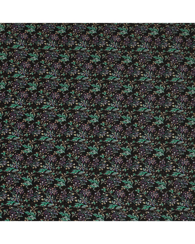 Black Botanical Floral Printed Premium Pure Silk Crepe Fabric 110 Cms From India-D27247