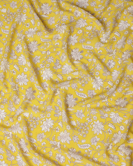 Yellow Floral Printed Premium Pure Silk Crepe Fabric 110 Cms From India-D27251 - Regal Fabrics
